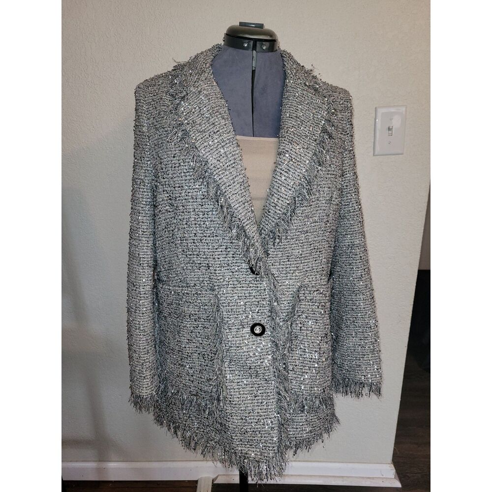 A Loves A Silver Metallic Tweed Fringe Blazer Jacket Size M Sparkle Statement